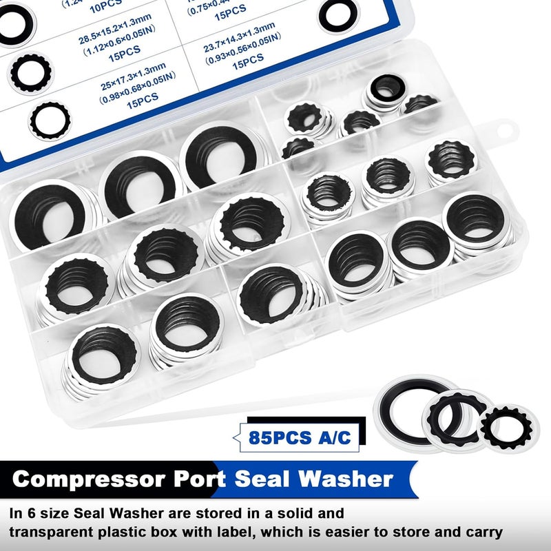 Daptemn 85PCS A/C Compressor Seal Washers Kit, 6 Sizes Air Conditioning Compressor Port Gasket Repairs Universal Automotive Self-Centered Bonded Sealing Washers (ID: 8mm-17.5mm) (Black) - Image 3